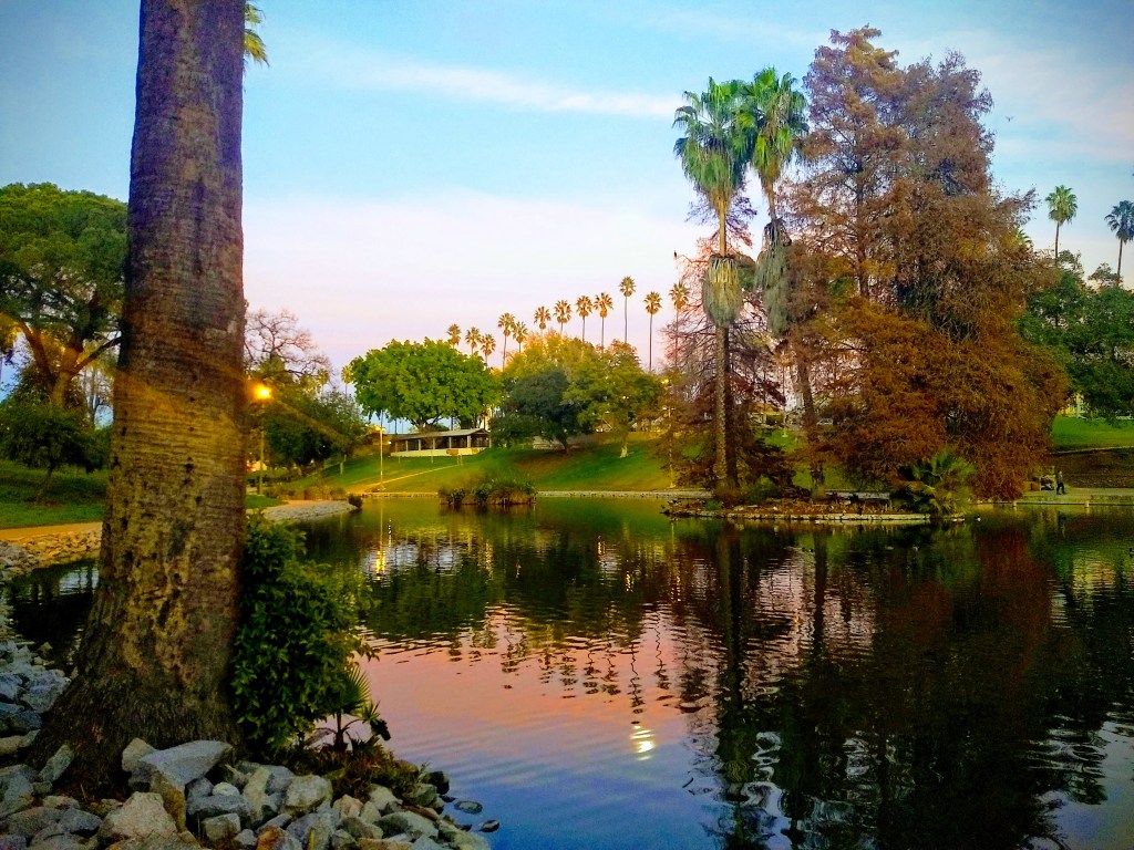 An image of Hollenbeck Park in Boyle Heights Los Angeles. A Lake is surrounded by trees including Palm Trees. In the lake you can see the reflection of the trees and the moon