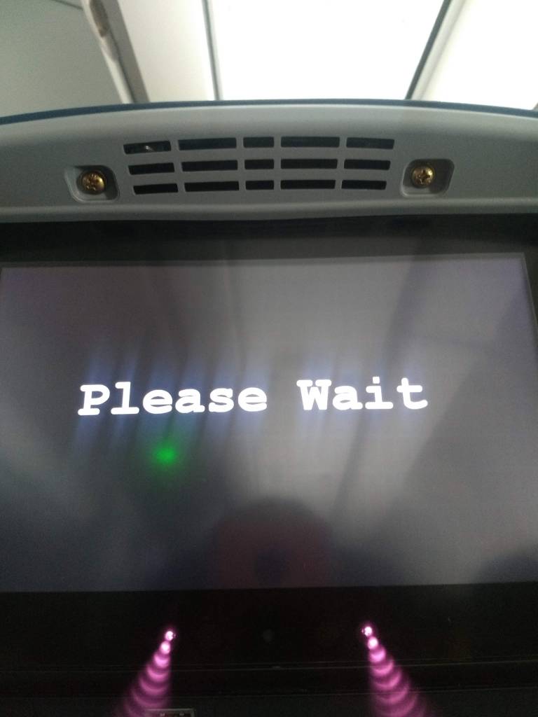 An airplane television screen, the kind on the seatback in front of you displays letters in white print that reads "Please Wait"